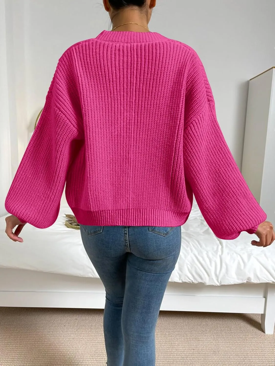 Women's Crop Cardigan Swewater Long Lantern Sleeve Bishop Open Front Ribbed Knit Sweater