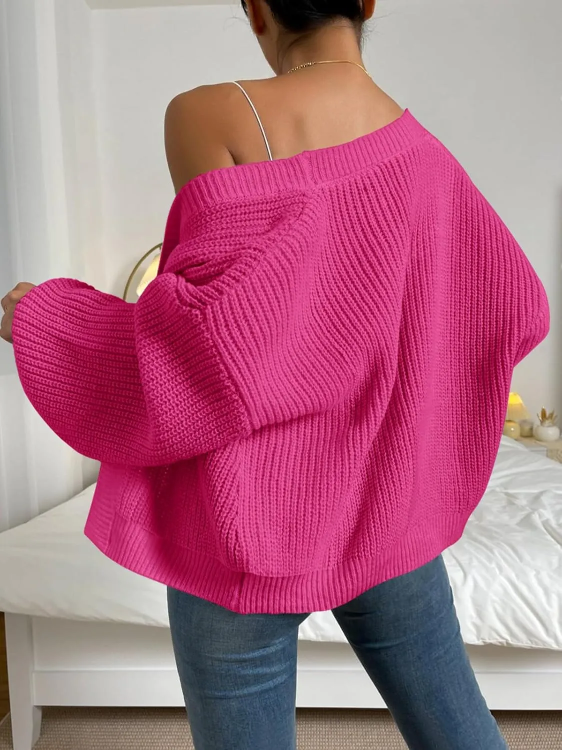 Women's Crop Cardigan Swewater Long Lantern Sleeve Bishop Open Front Ribbed Knit Sweater