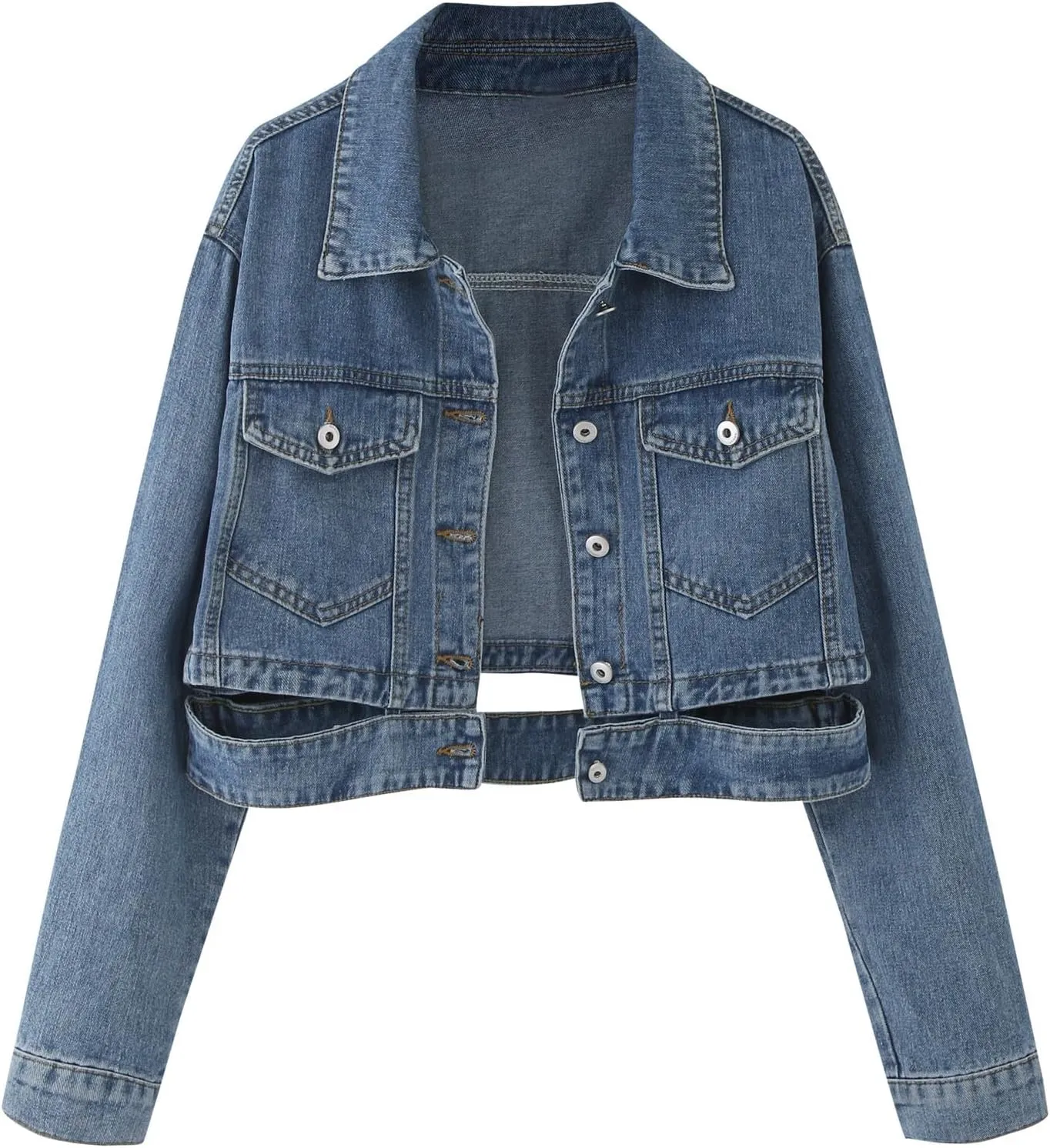 Womens Cropped Denim Jackets Trendy Button Up Shacket Fall Spring Long Sleeve Jean Coats Retro Petite Denim Coat