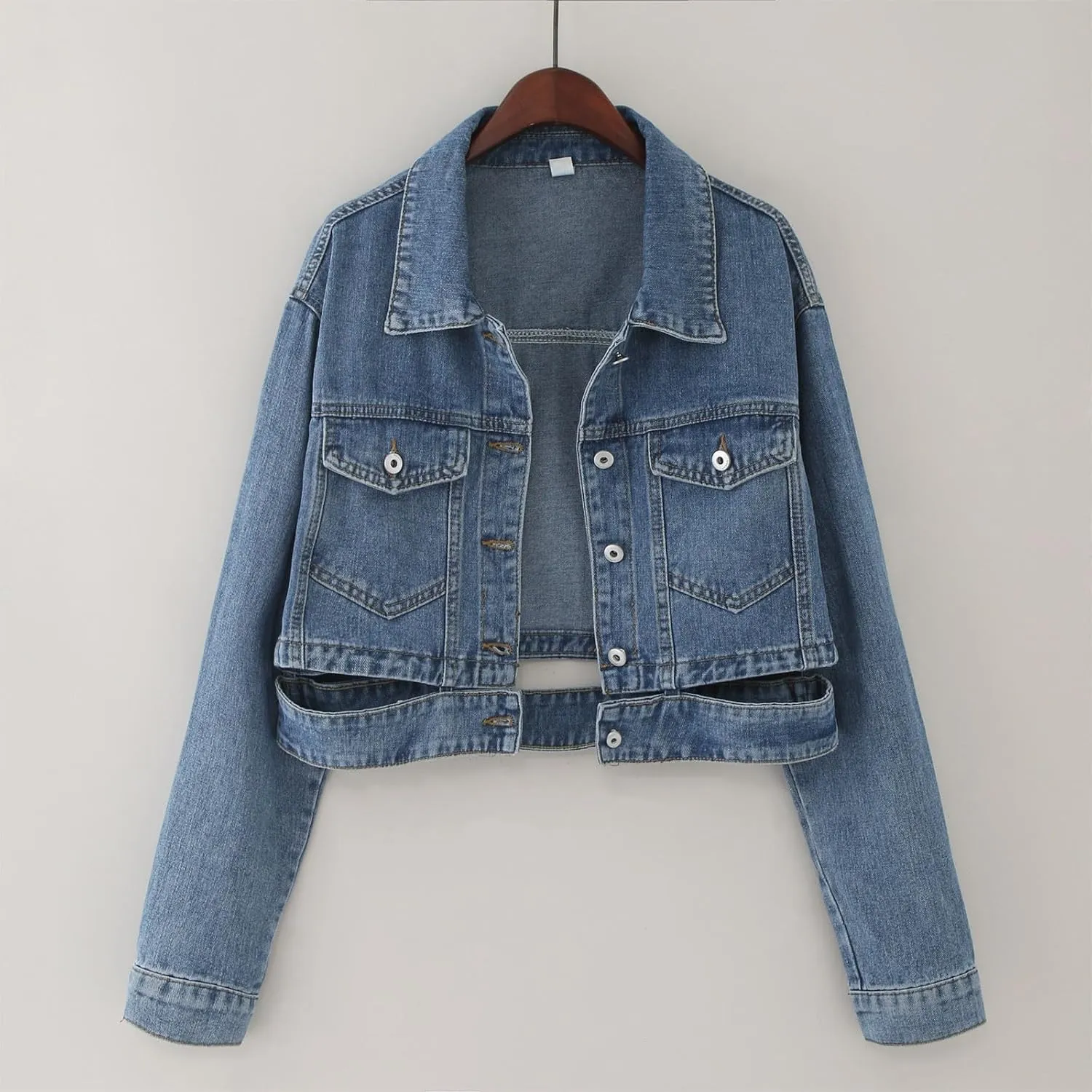 Womens Cropped Denim Jackets Trendy Button Up Shacket Fall Spring Long Sleeve Jean Coats Retro Petite Denim Coat