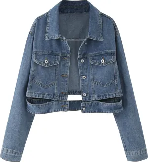 Womens Cropped Denim Jackets Trendy Button Up Shacket Fall Spring Long Sleeve Jean Coats Retro Petite Denim Coat