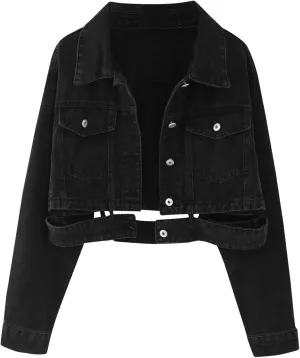 Womens Cropped Denim Jackets Trendy Button Up Shacket Fall Spring Long Sleeve Jean Coats Retro Petite Denim Coat