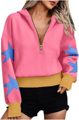 Womens Cropped Oversized Hoodies Long Sleeve Half Zip Pullover Sweatshirts 2024 Fashion Outfits Cute Y2K Clothes