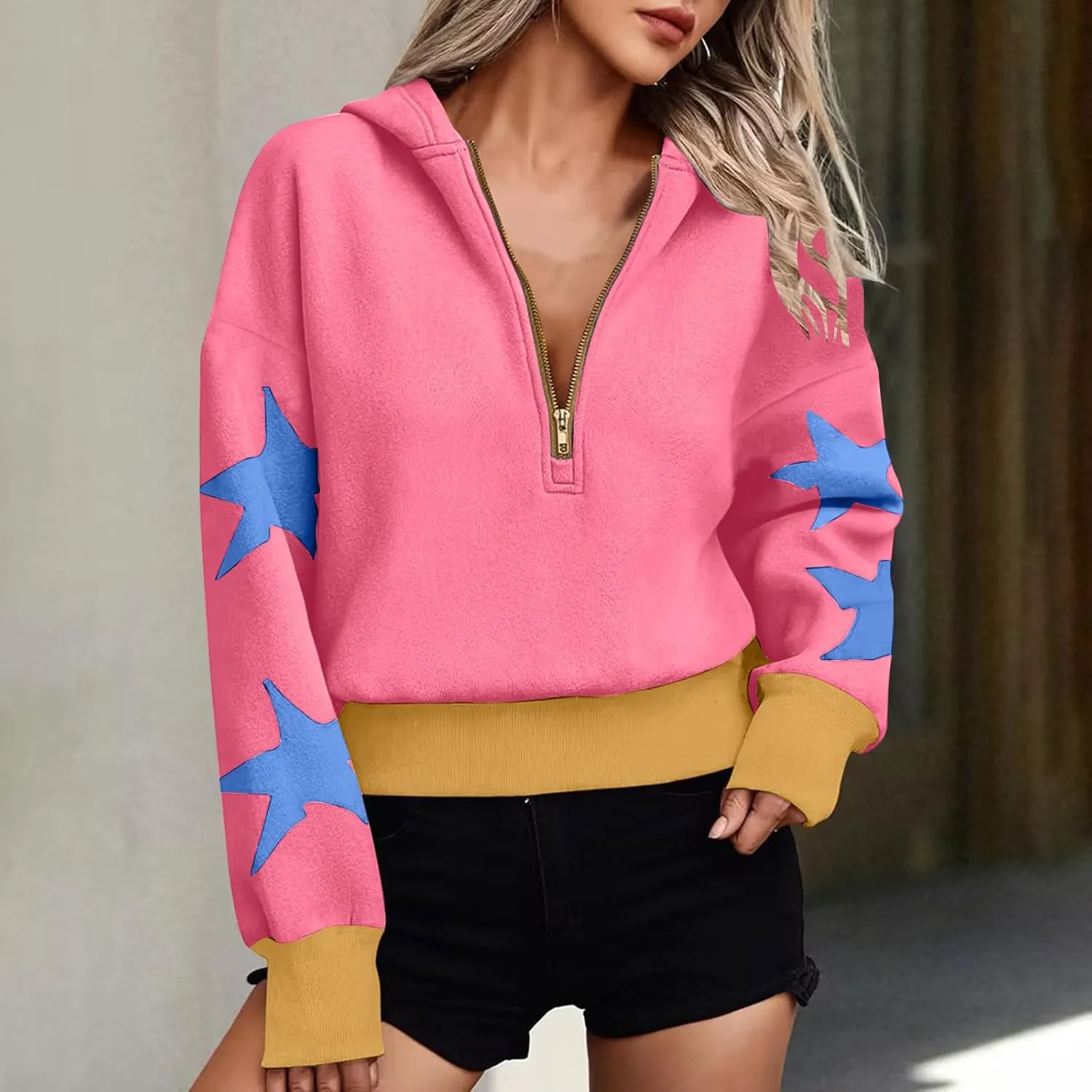 Womens Cropped Oversized Hoodies Long Sleeve Half Zip Pullover Sweatshirts 2024 Fashion Outfits Cute Y2K Clothes