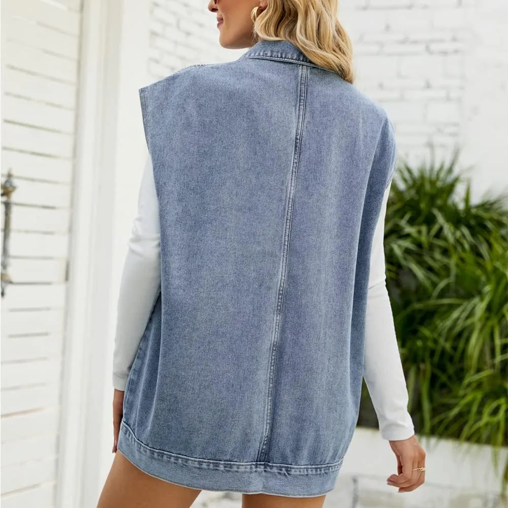 Womens Denim Jean Vest Oversized Sleeveless Button Down Mid Long Denim Jean Jacket