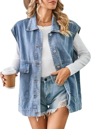 Womens Denim Jean Vest Oversized Sleeveless Button Down Mid Long Denim Jean Jacket