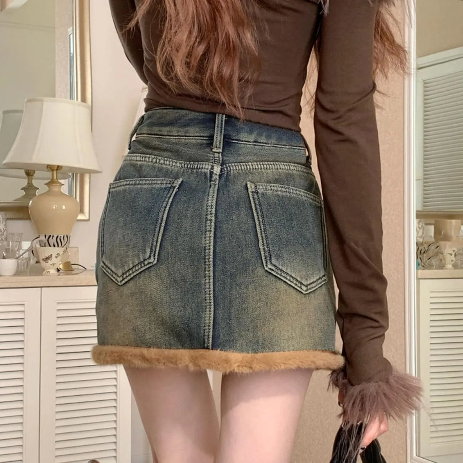 Womens Denim Skirt Plush and Thickened Distressed High Waisted Slim Fit Short Skirts Jean Skirts with Pocket
