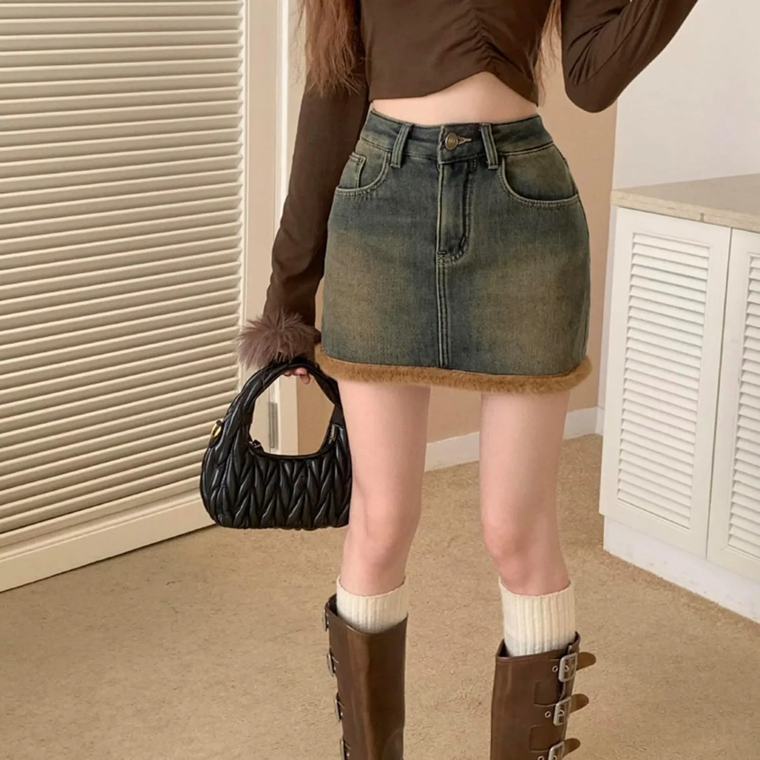 Womens Denim Skirt Plush and Thickened Distressed High Waisted Slim Fit Short Skirts Jean Skirts with Pocket