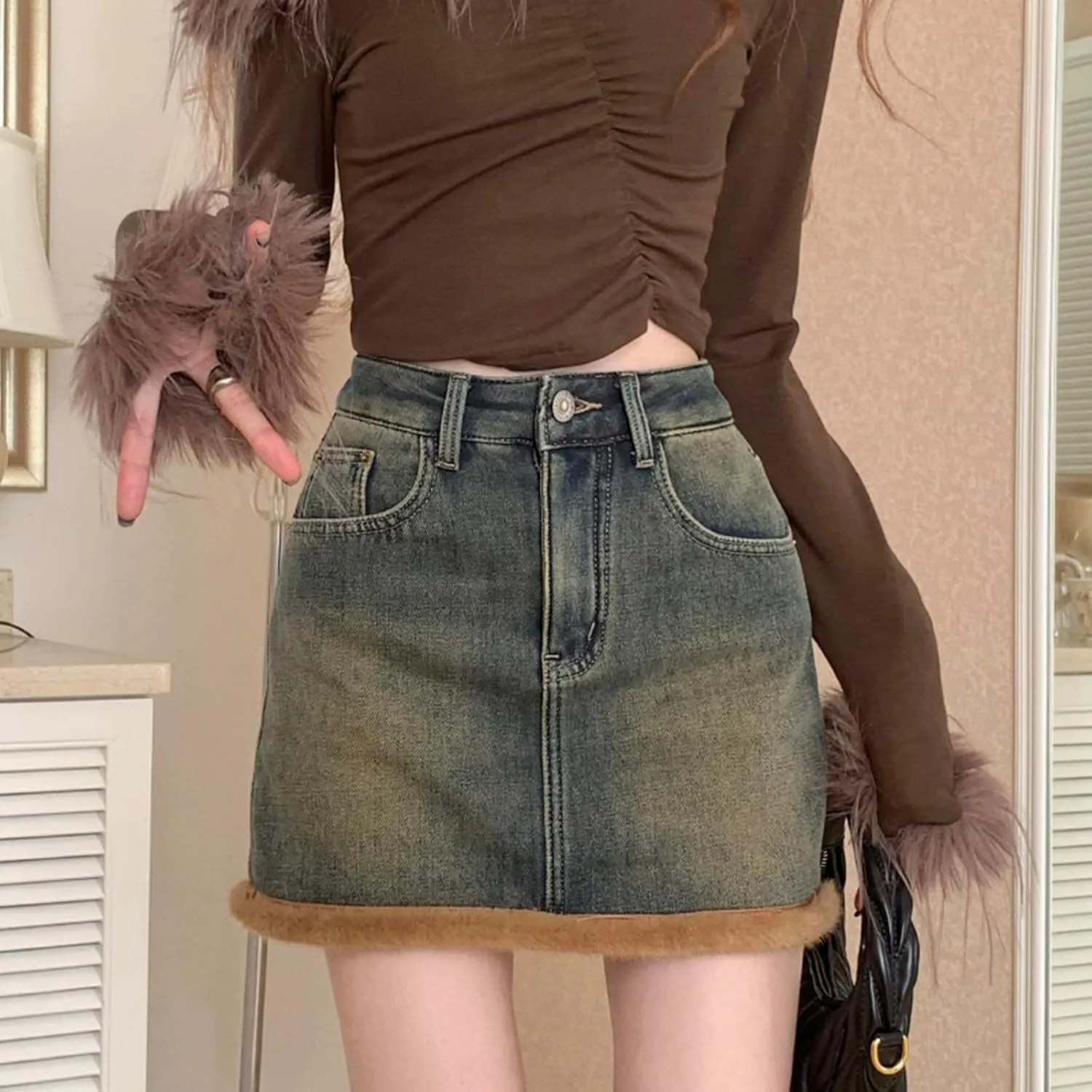 Womens Denim Skirt Plush and Thickened Distressed High Waisted Slim Fit Short Skirts Jean Skirts with Pocket