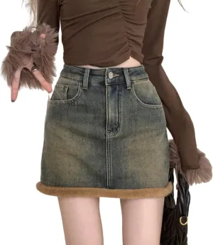 Womens Denim Skirt Plush and Thickened Distressed High Waisted Slim Fit Short Skirts Jean Skirts with Pocket