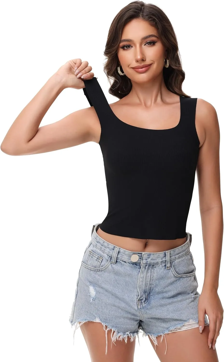 Women's Double-Layered Widened Square Neck Tank Top with Built-in Bra Pads Sleeveless Air Touch Fabric