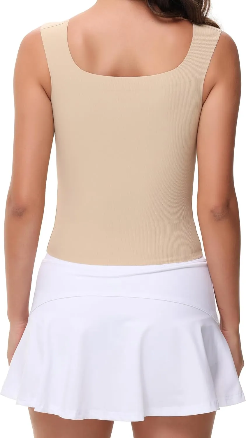 Women's Double-Layered Widened Square Neck Tank Top with Built-in Bra Pads Sleeveless Air Touch Fabric