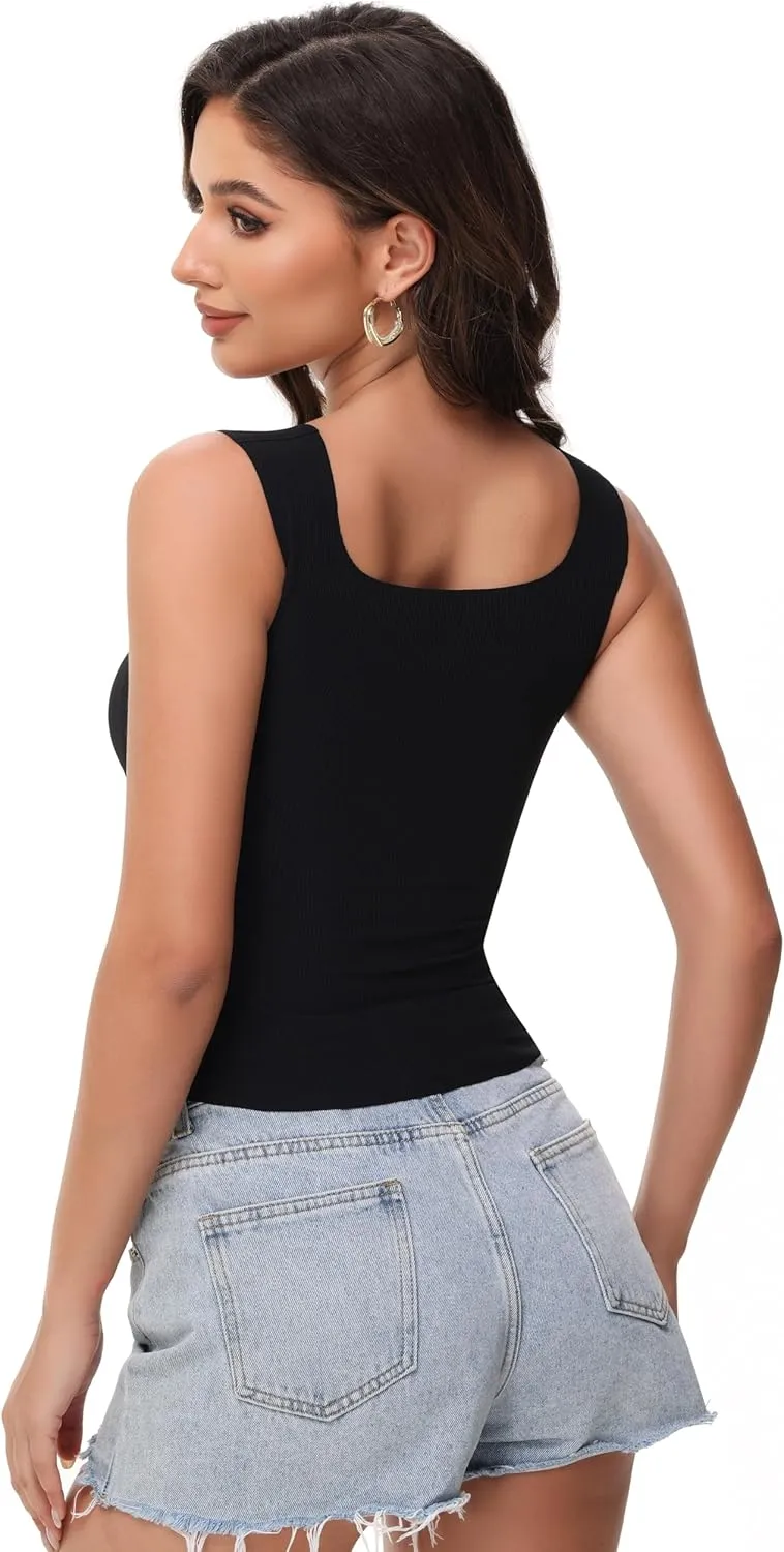Women's Double-Layered Widened Square Neck Tank Top with Built-in Bra Pads Sleeveless Air Touch Fabric