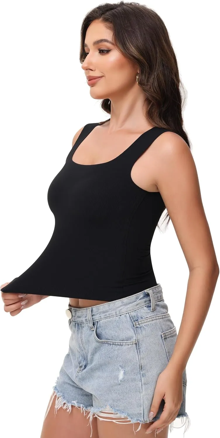 Women's Double-Layered Widened Square Neck Tank Top with Built-in Bra Pads Sleeveless Air Touch Fabric
