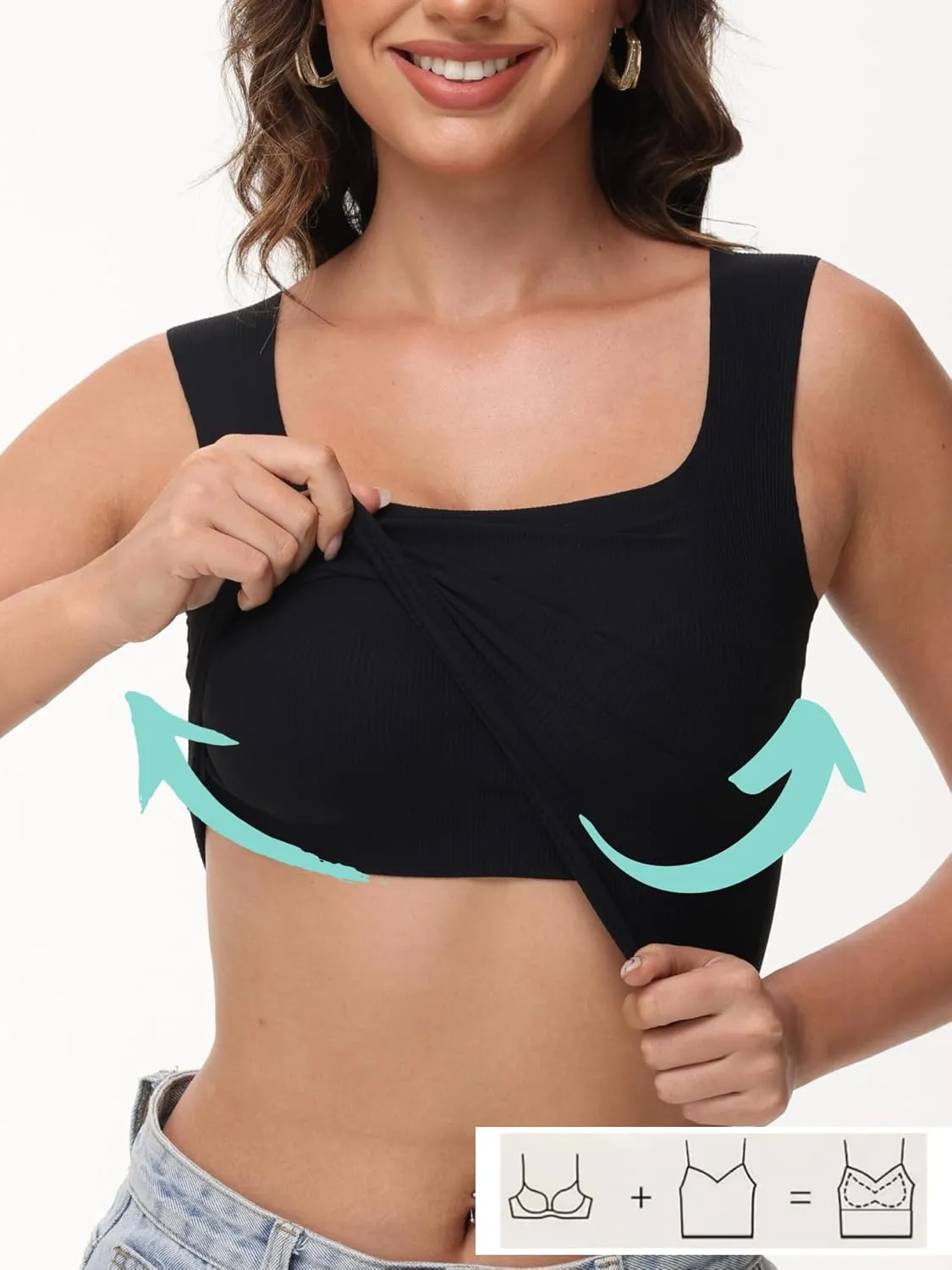 Women's Double-Layered Widened Square Neck Tank Top with Built-in Bra Pads Sleeveless Air Touch Fabric