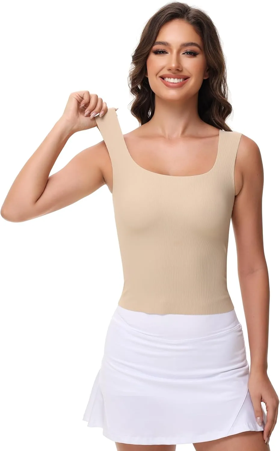 Women's Double-Layered Widened Square Neck Tank Top with Built-in Bra Pads Sleeveless Air Touch Fabric