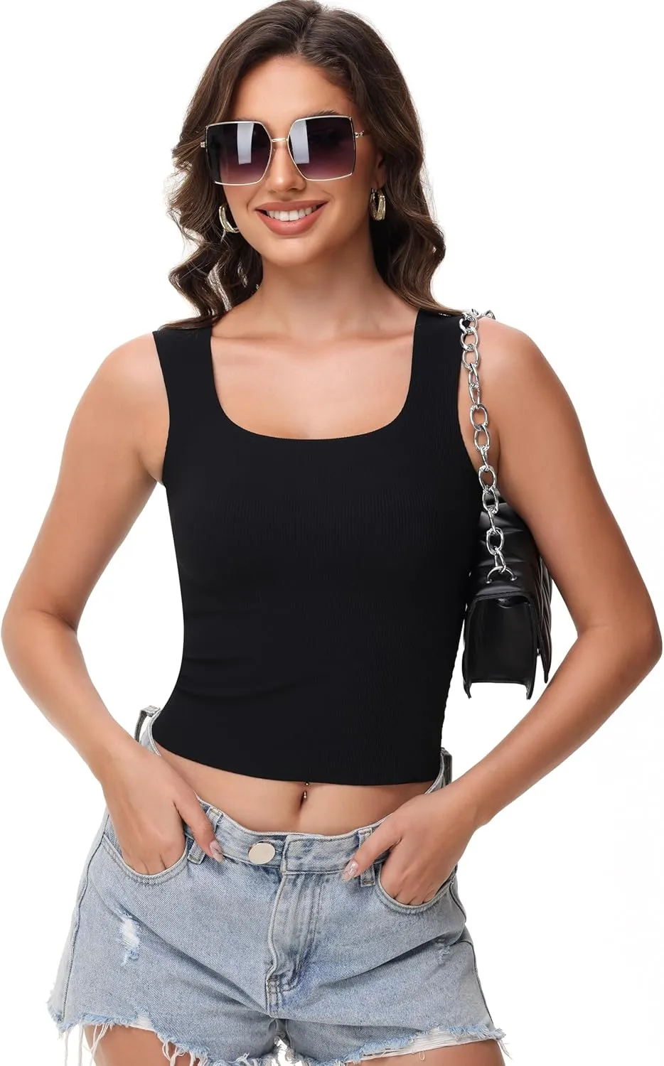 Women's Double-Layered Widened Square Neck Tank Top with Built-in Bra Pads Sleeveless Air Touch Fabric