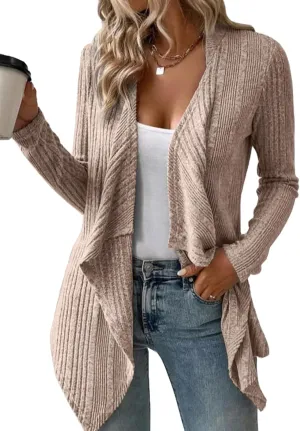 Women's Draped Open Front Lightweight Cardigan Tops Casual Long Sleeve Knit Outerwear Coffee Look