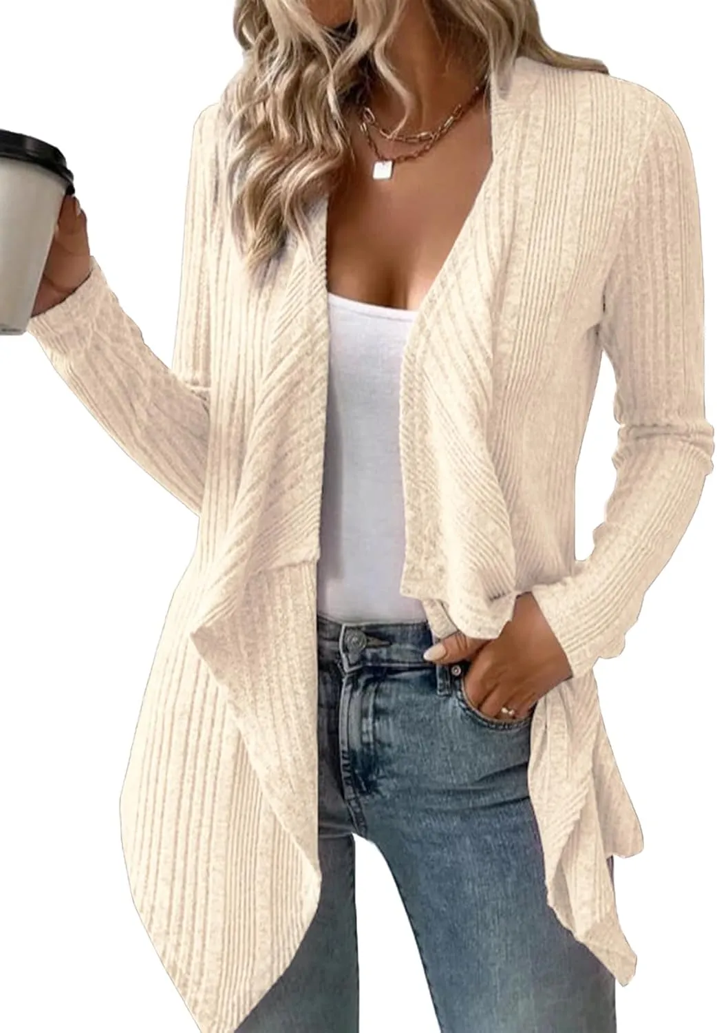 Women's Draped Open Front Lightweight Cardigan Tops Casual Long Sleeve Knit Outerwear Coffee Look