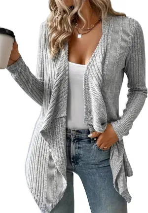 Women's Draped Open Front Lightweight Cardigan Tops Casual Long Sleeve Knit Outerwear Coffee Look