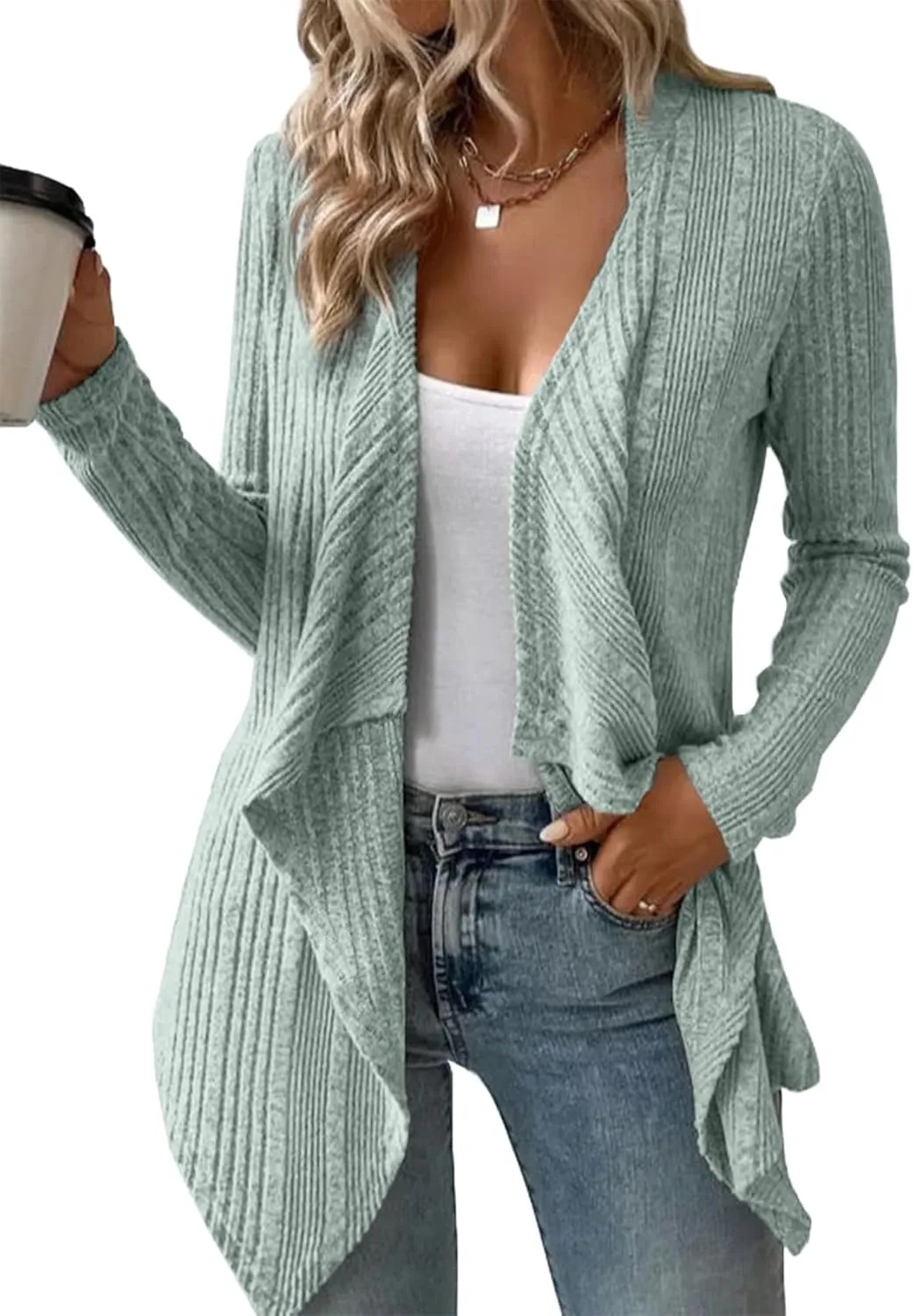 Women's Draped Open Front Lightweight Cardigan Tops Casual Long Sleeve Knit Outerwear Coffee Look