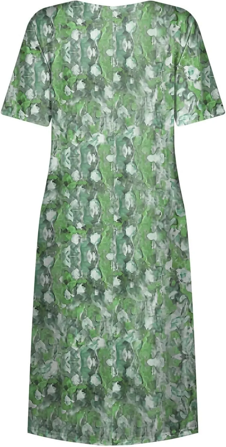 Womens Dresses Summer Short Sleeve Boho Floral Print Midi Dress Loose Casual Fashion Beach Sundresses