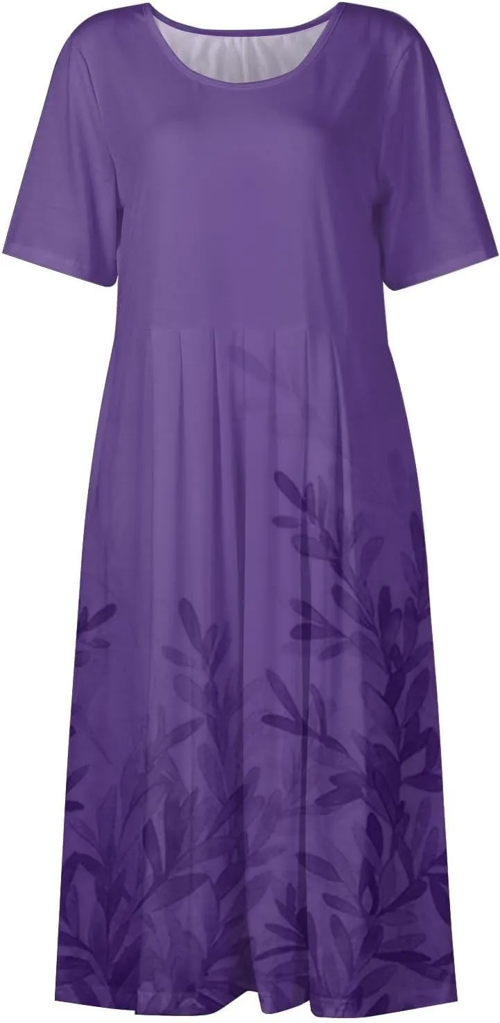 Womens Dresses Summer Short Sleeve Boho Floral Print Midi Dress Loose Casual Fashion Beach Sundresses