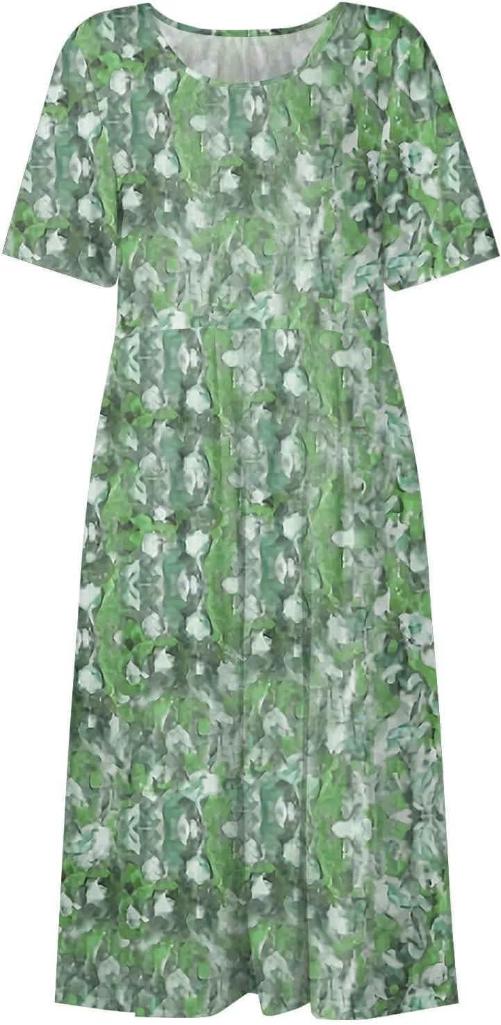 Womens Dresses Summer Short Sleeve Boho Floral Print Midi Dress Loose Casual Fashion Beach Sundresses