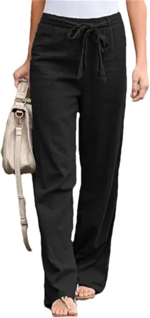 Women's Elastic Waist Cotton Linen Lace-Up Loose Thin Casual Vacation Pants