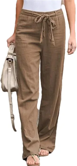 Women's Elastic Waist Cotton Linen Lace-Up Loose Thin Casual Vacation Pants