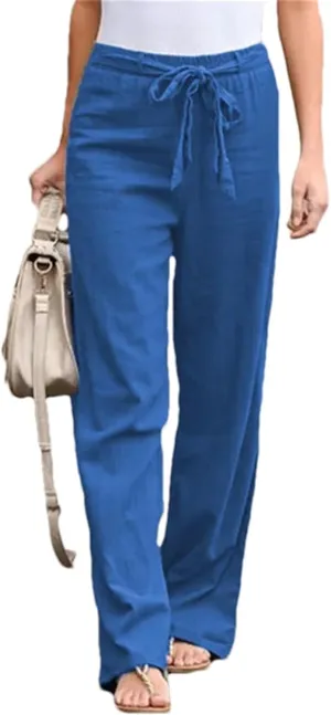 Women's Elastic Waist Cotton Linen Lace-Up Loose Thin Casual Vacation Pants