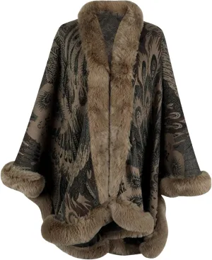 Womens Faux Fur Trim Coat Shawls Wrap Winter Vintage Open Front Cardigan Poncho Cape Cloak