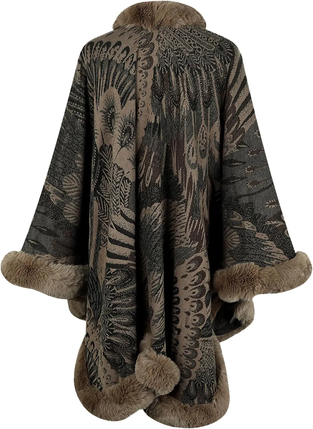 Womens Faux Fur Trim Coat Shawls Wrap Winter Vintage Open Front Cardigan Poncho Cape Cloak