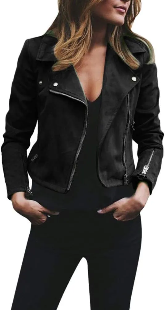 Womens Faux Leather Jacket Collar Zipper Stitching Solid Color Jacket Womens Coats De para Mujer Brown Jacket