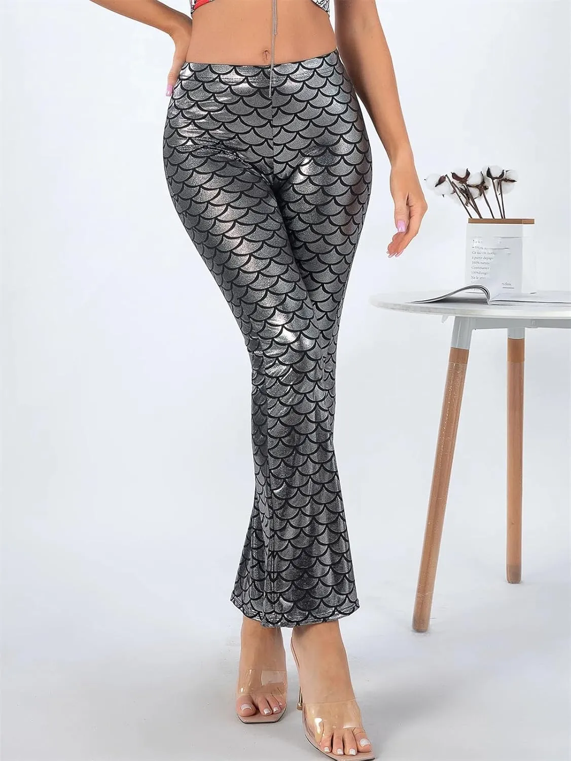 Women's Fish Scale Hot Stamping Silver Bell Bottom Pants High Elastic Slim Fit Party Night Out Pants
