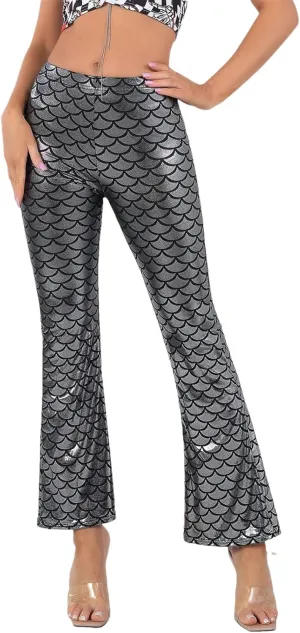 Women's Fish Scale Hot Stamping Silver Bell Bottom Pants High Elastic Slim Fit Party Night Out Pants