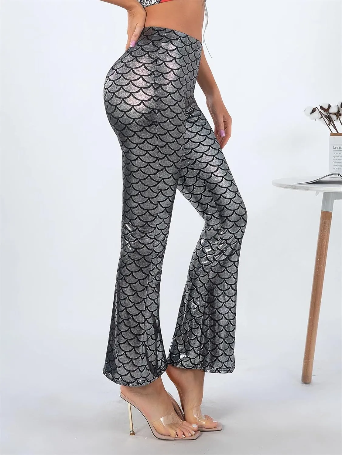 Women's Fish Scale Hot Stamping Silver Bell Bottom Pants High Elastic Slim Fit Party Night Out Pants