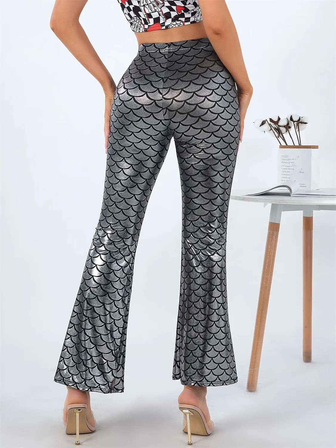 Women's Fish Scale Hot Stamping Silver Bell Bottom Pants High Elastic Slim Fit Party Night Out Pants