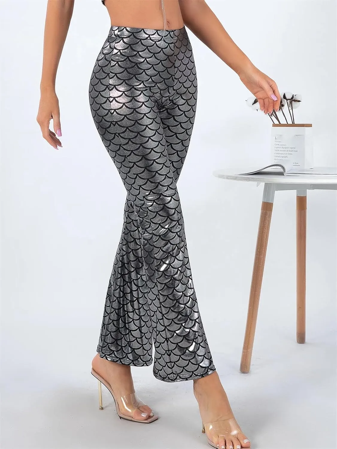 Women's Fish Scale Hot Stamping Silver Bell Bottom Pants High Elastic Slim Fit Party Night Out Pants