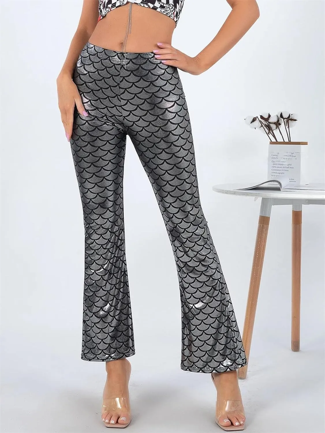 Women's Fish Scale Hot Stamping Silver Bell Bottom Pants High Elastic Slim Fit Party Night Out Pants