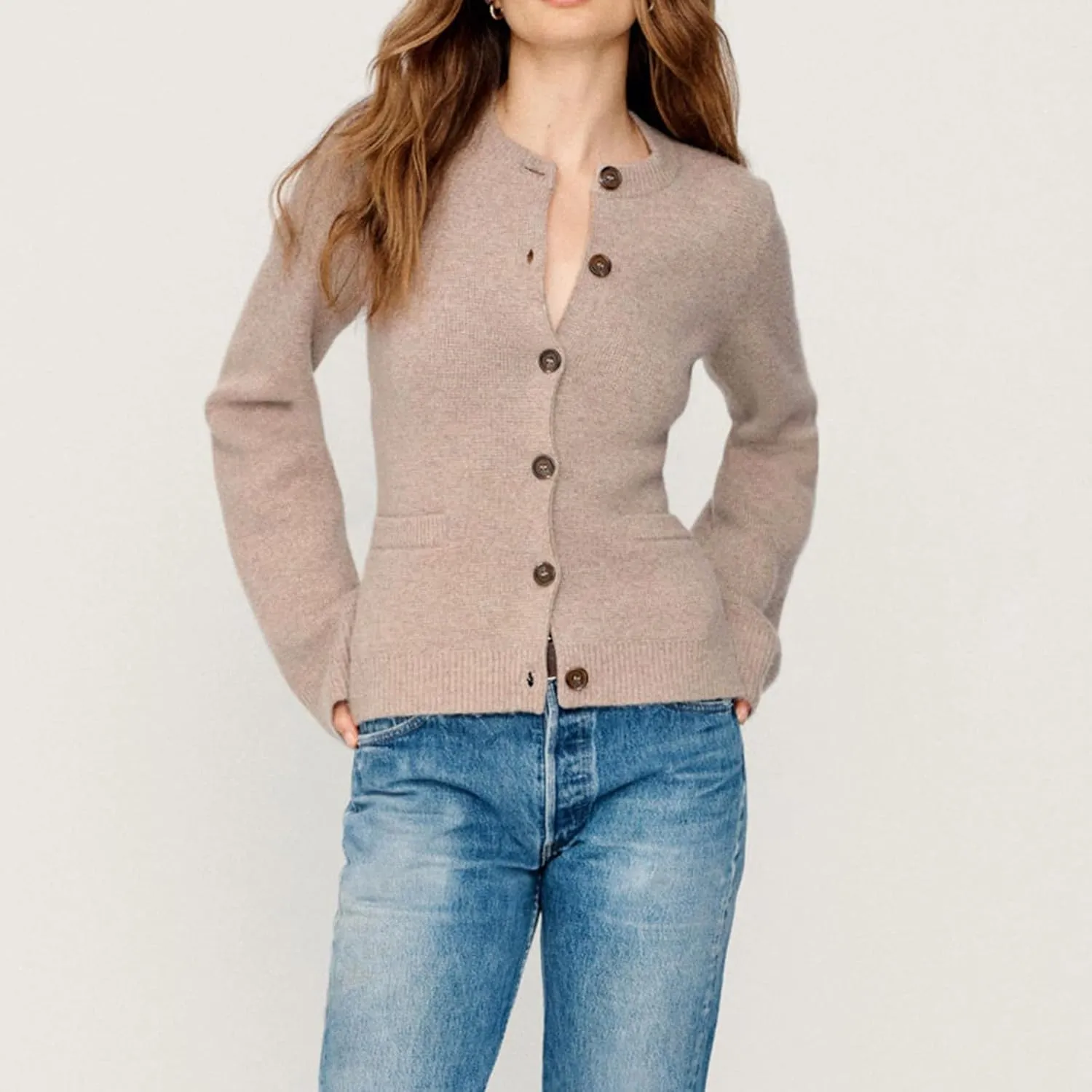 Women's Fitted Cardigan Long Sleeve Crew Neck Button Down Sweater Knit Cardigans Tops with Pockets