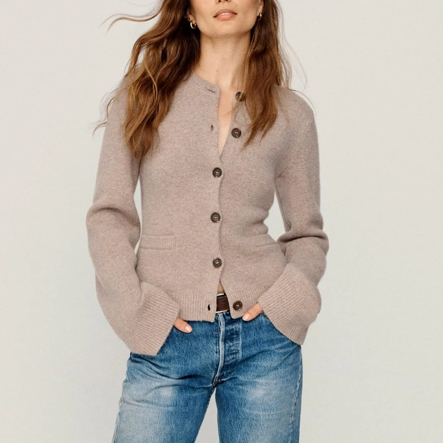 Women's Fitted Cardigan Long Sleeve Crew Neck Button Down Sweater Knit Cardigans Tops with Pockets