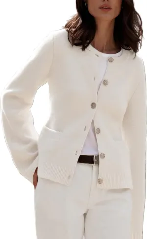 Women's Fitted Cardigan Long Sleeve Crew Neck Button Down Sweater Knit Cardigans Tops with Pockets