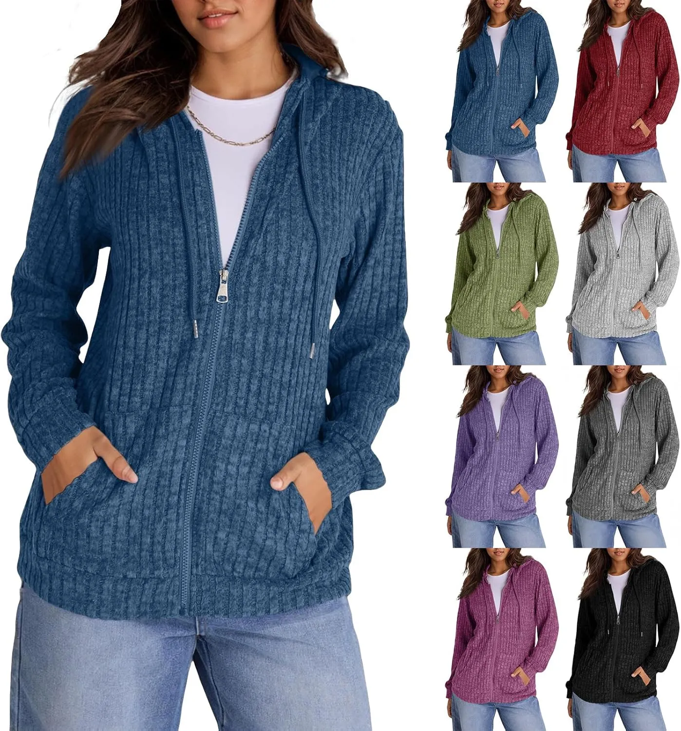 Womens Full Zip Hoodie Y2K Fuzzy Lightweight Oversized Sweatshirt Drawstring Open Cardigan Jacket Fall Winter Outfits