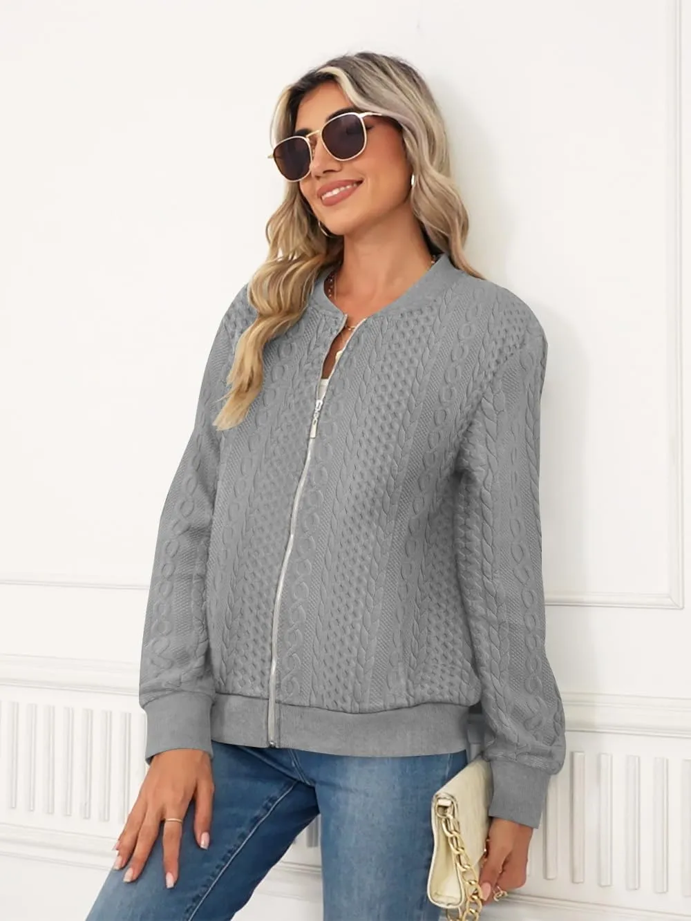 Women's Full Zip Sweatshirt Jacket Stand Collar Hoodless Outerwear Casual Coat with Pockets