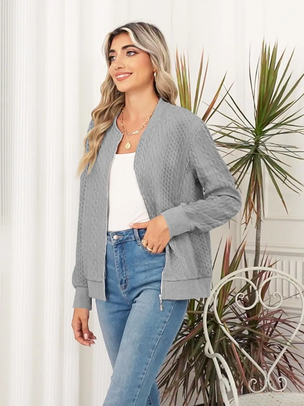 Women's Full Zip Sweatshirt Jacket Stand Collar Hoodless Outerwear Casual Coat with Pockets