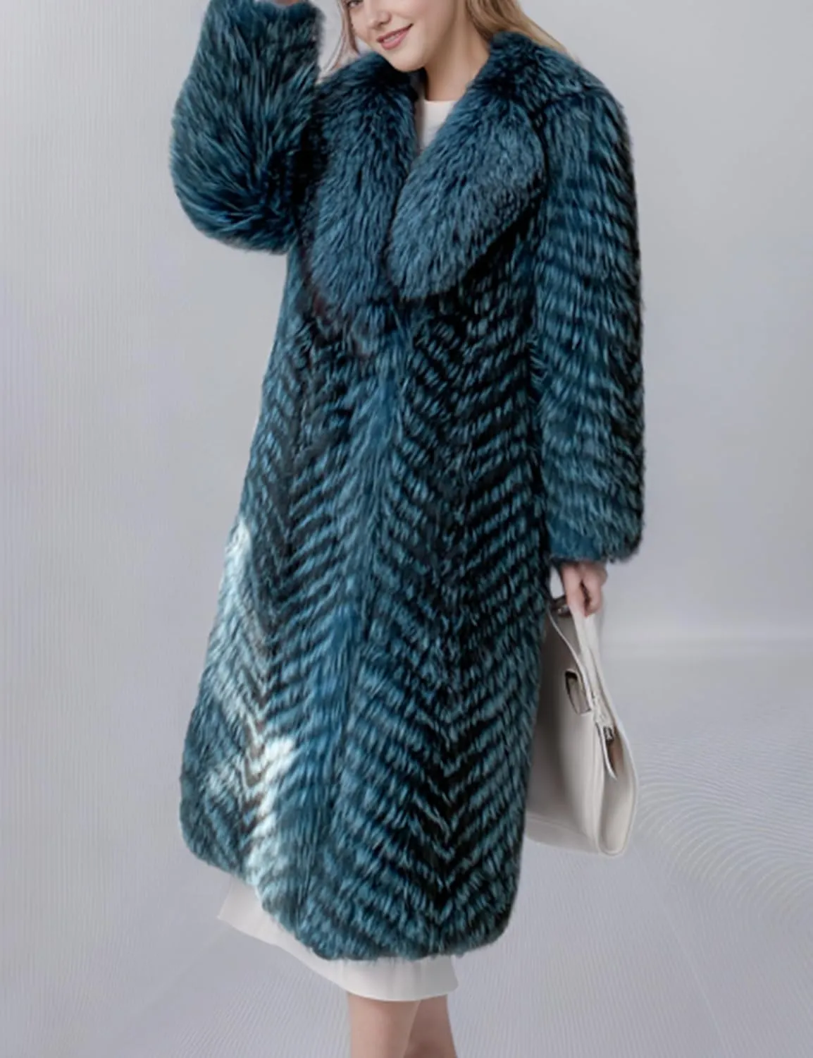 Women's Genuine Fox Fur Jacket Winter Coat Long Fuzzy Outerwear Turn-down Collar