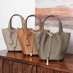 Women's Genuine Leather Bucket Bag: Vegetable Basket Soft Leather Tote with Lock Stylish Versatile Daily Use Shoulder Handbag