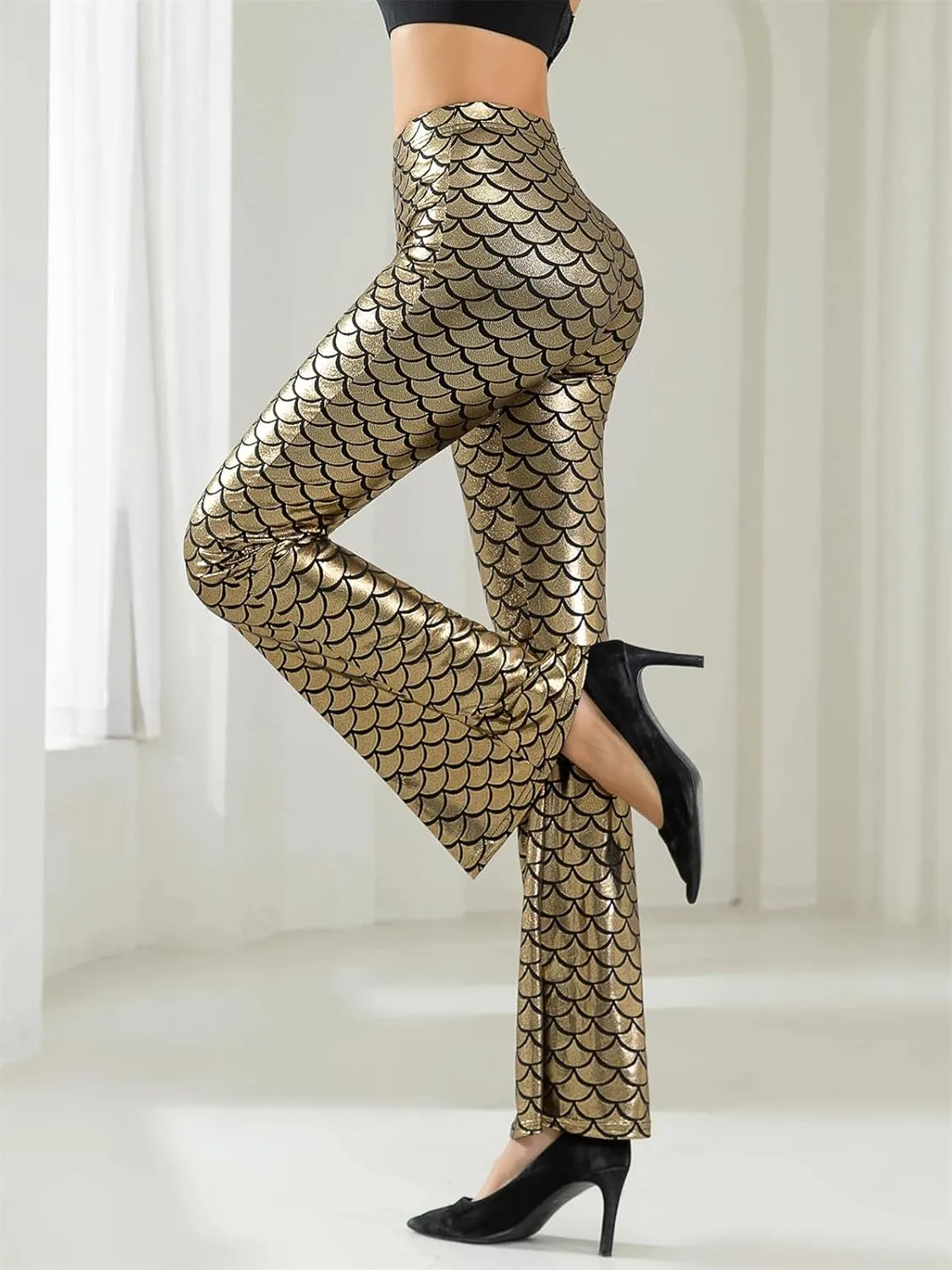 Women's Golden Fish Scale Hot Stamping Flared Pants High Elastic Tight Casual Night Out Pants