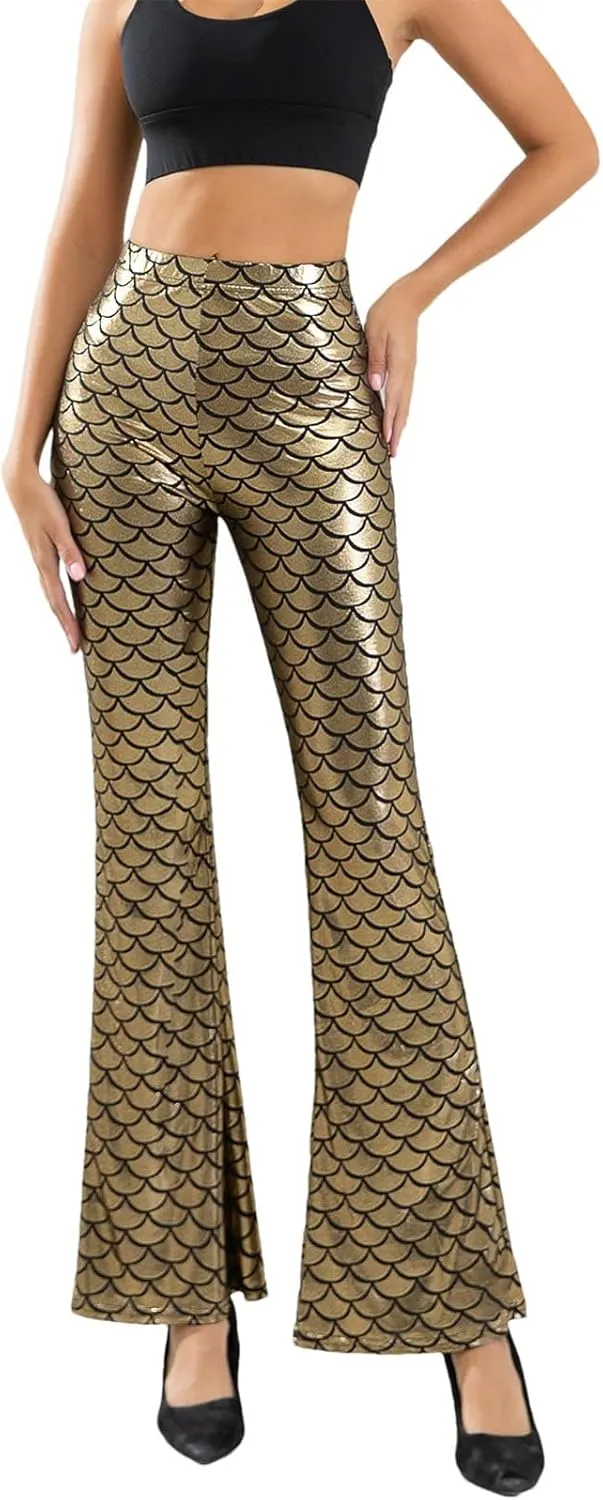 Women's Golden Fish Scale Hot Stamping Flared Pants High Elastic Tight Casual Night Out Pants